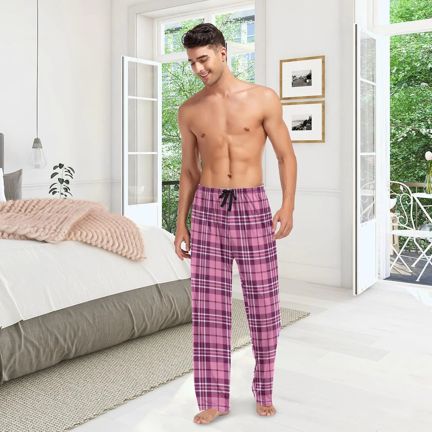 Plaid Decor Mens Pajama Pants Hot Pink Plaid Tartan Funny Pajama Bottoms for Men Lounge Pants S