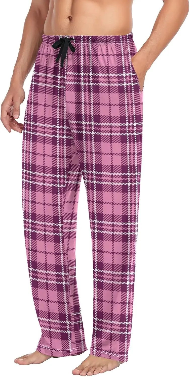 Plaid Decor Mens Pajama Pants Hot Pink Plaid Tartan Funny Pajama Bottoms for Men Lounge Pants S
