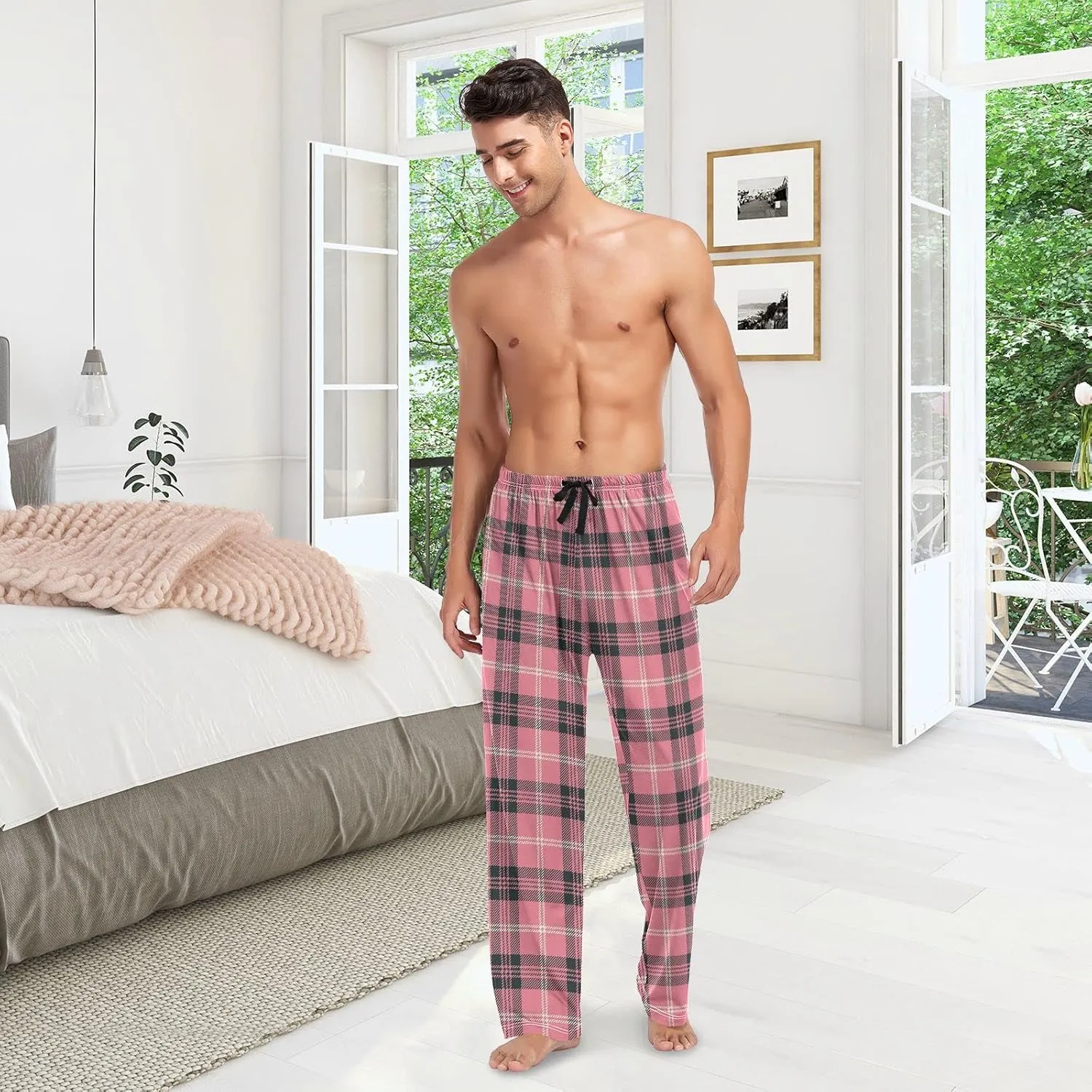 Plaid Mens Pajama Pants Pink Black White Funny Pajama Bottoms for Men Lounge Pants S