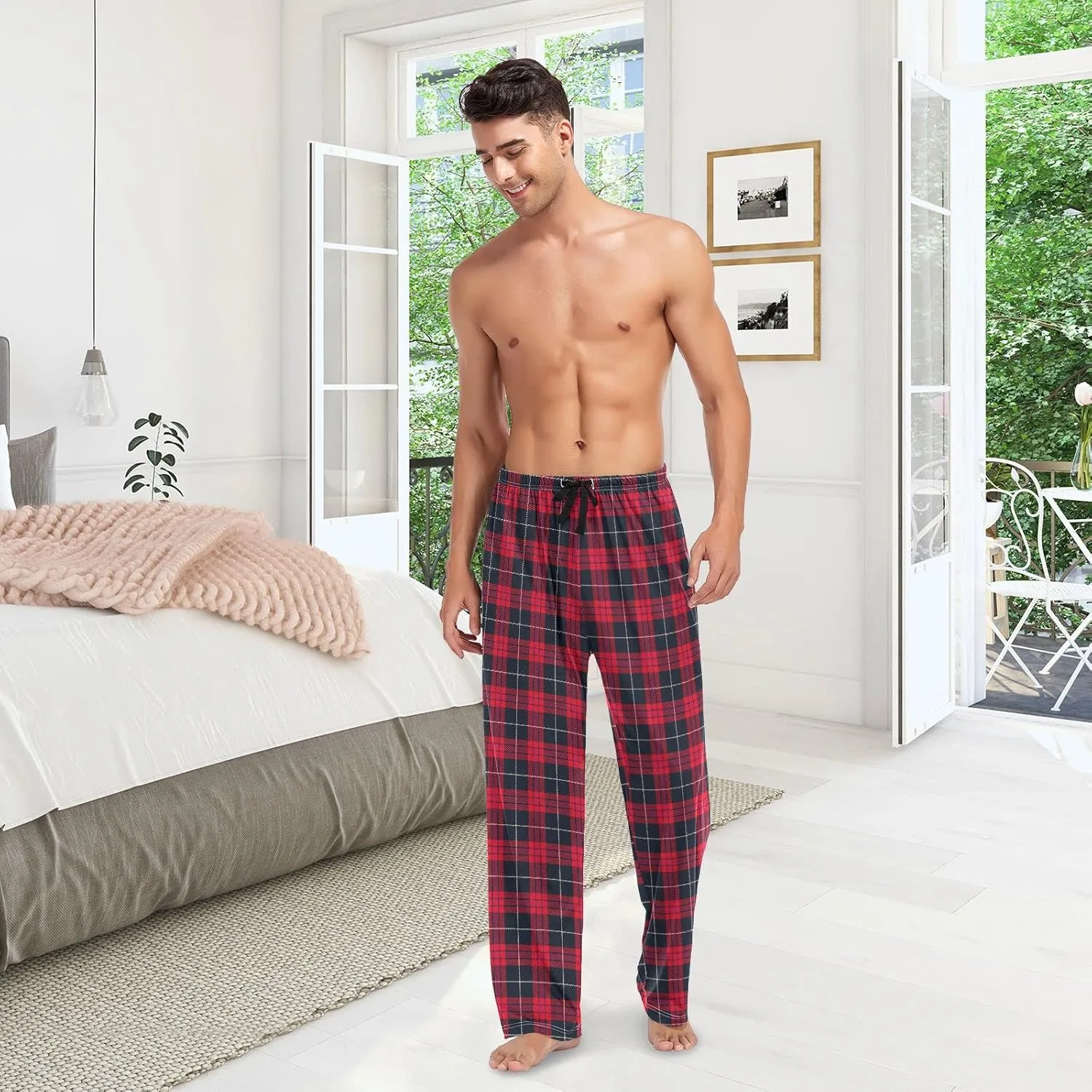 Plaid Tartan Pajama Pants for Men Red Blue Mens Pajama Bottoms Lounge Pants S