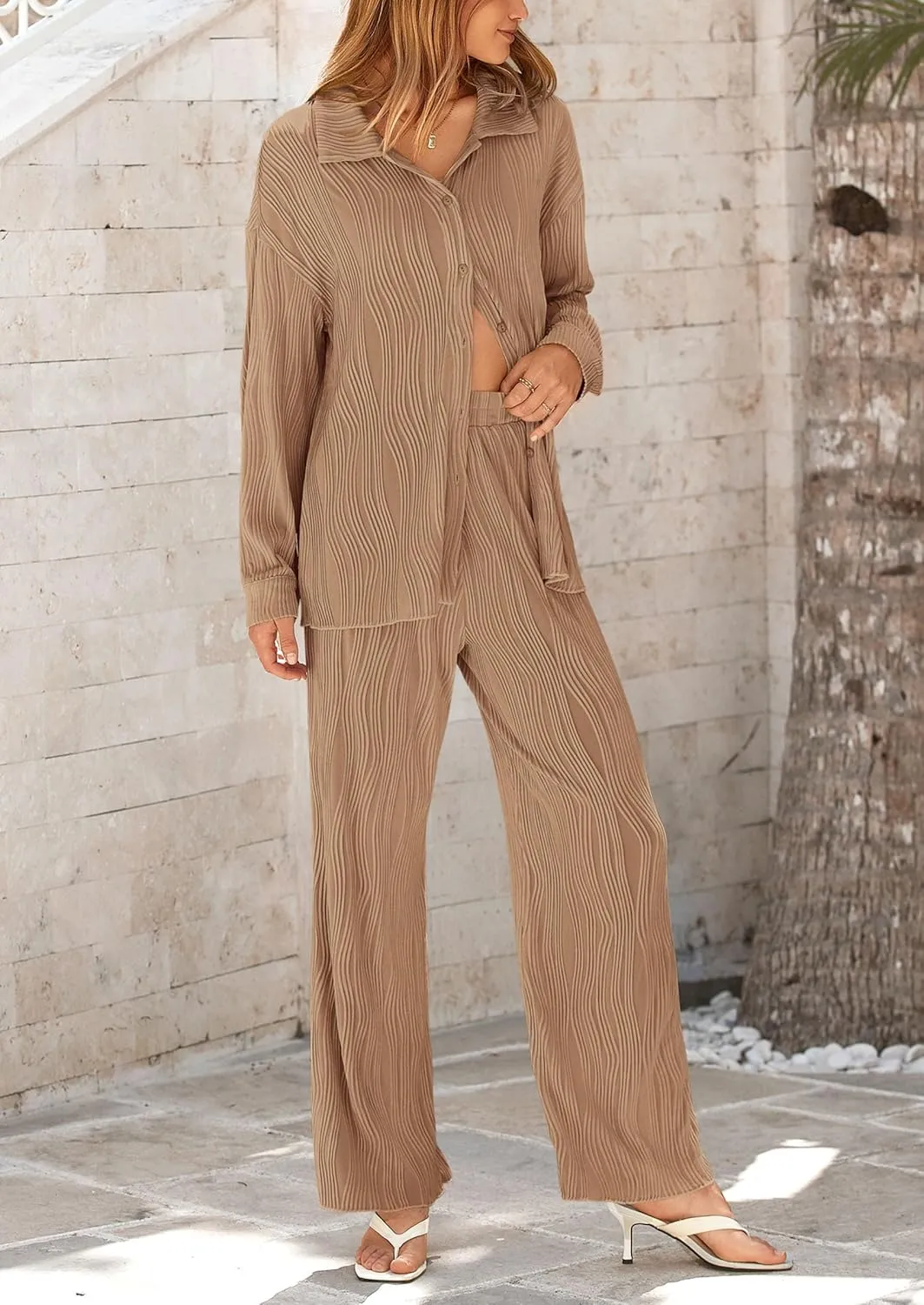 PRETTYGARDEN Women's 2 Piece Textured Sets Casual Button Down Shirt Wide Leg Pants Outfit Loungewear Tracksuit