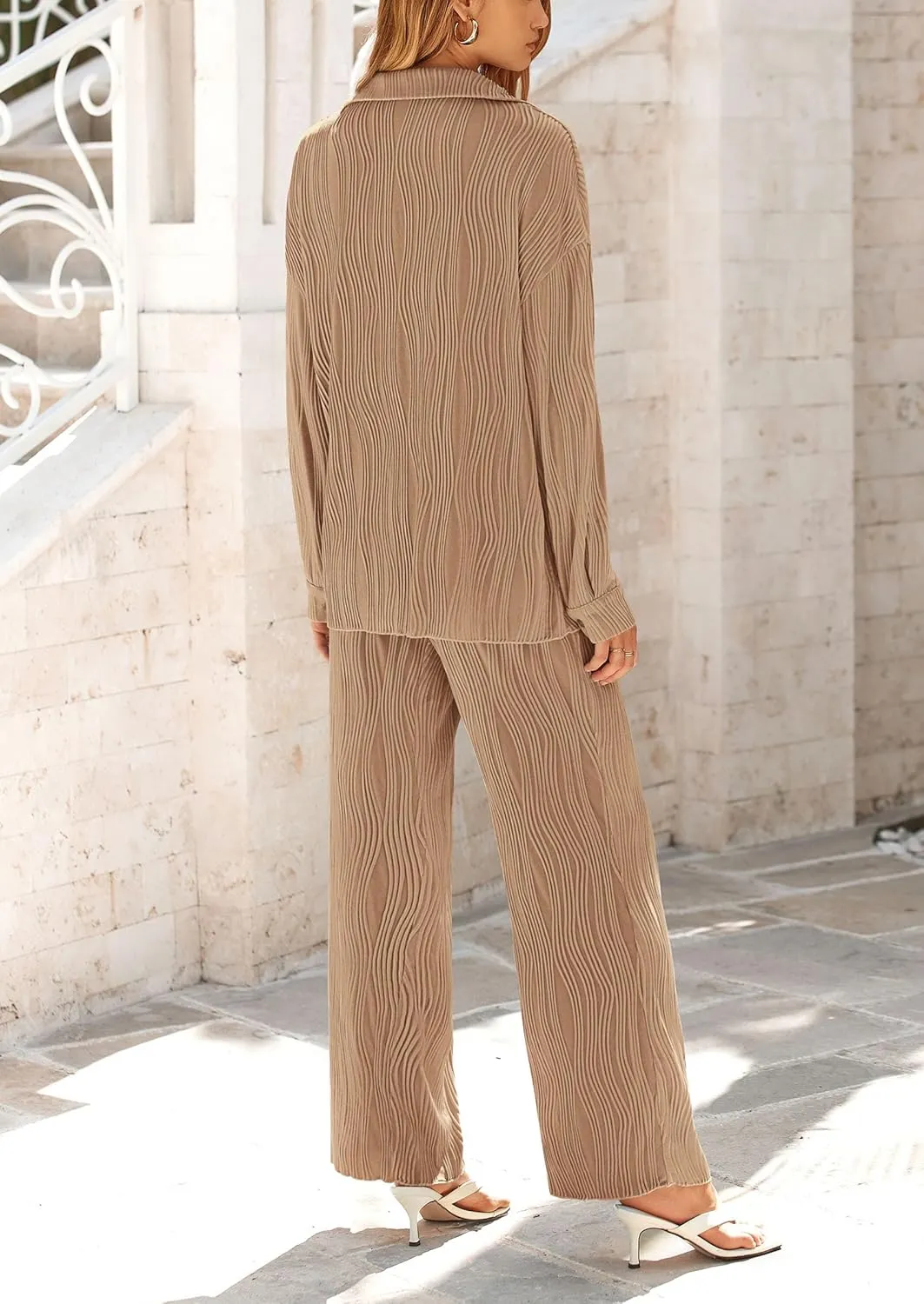 PRETTYGARDEN Women's 2 Piece Textured Sets Casual Button Down Shirt Wide Leg Pants Outfit Loungewear Tracksuit