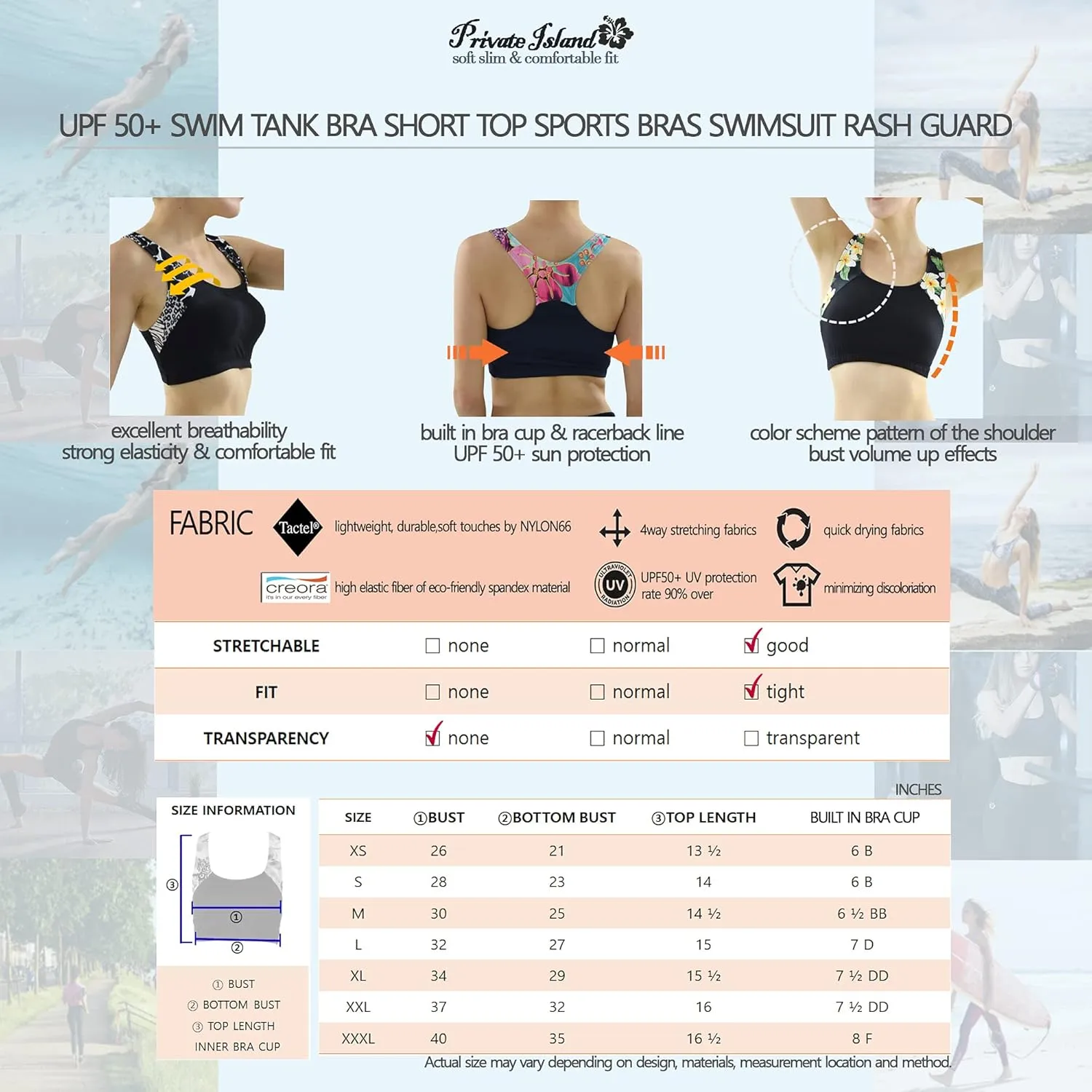 Private Island Women UPF 50  Swim Tank Bra Short Top Sports Bras Swimsuit Rash Guard (RST)
