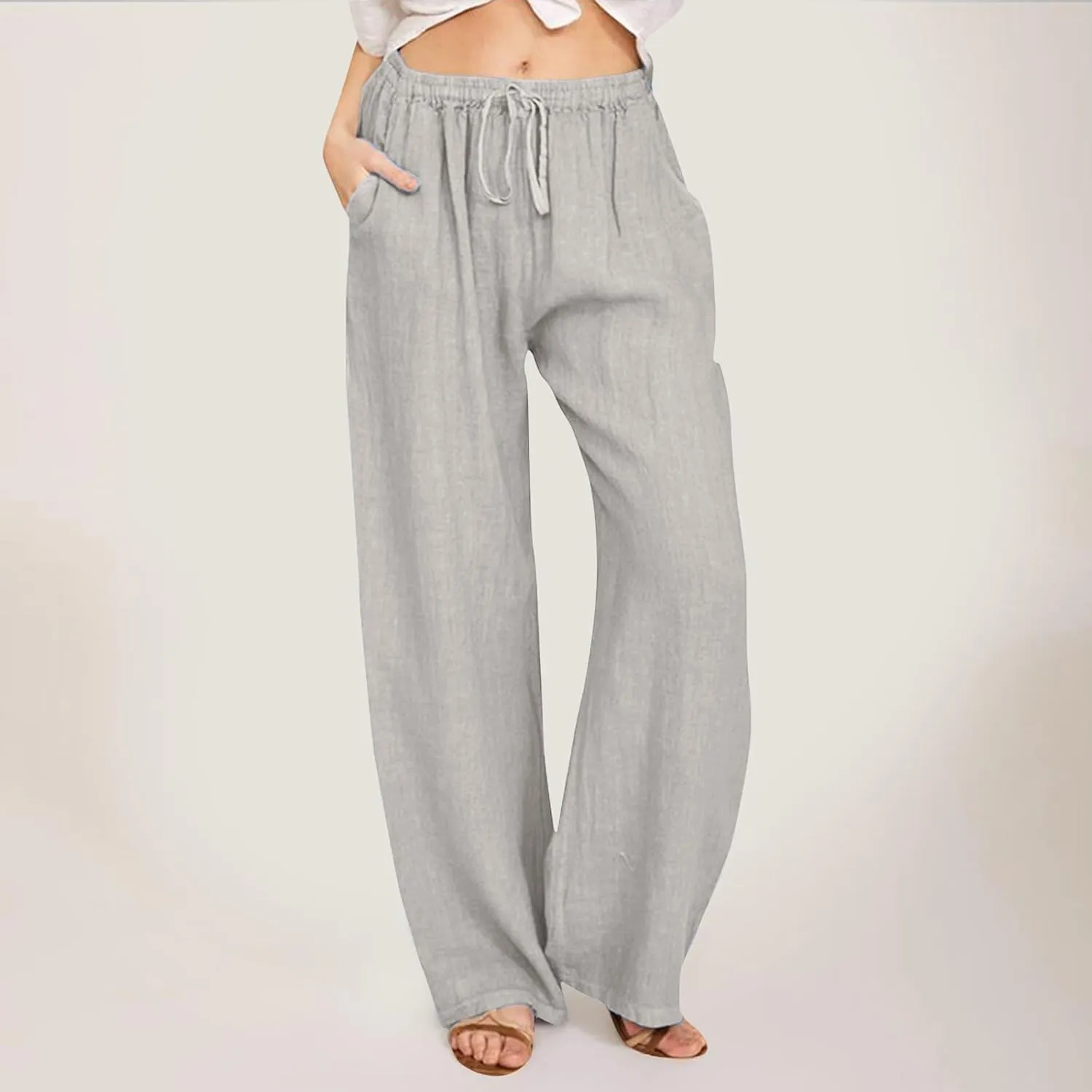 PTOLOCIF Cotton Linen Pants Women,Casual Linen High Waist Pants Wide Leg Palazzo Pants Drawstring Loose Fit Summer Pants