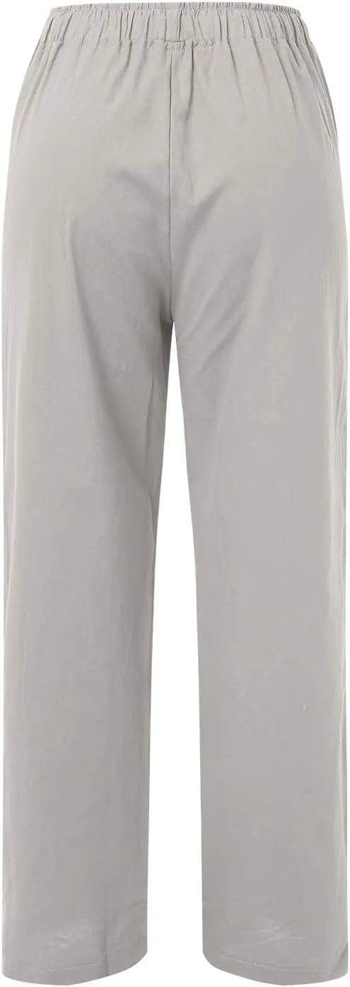 PTOLOCIF Cotton Linen Pants Women,Casual Linen High Waist Pants Wide Leg Palazzo Pants Drawstring Loose Fit Summer Pants