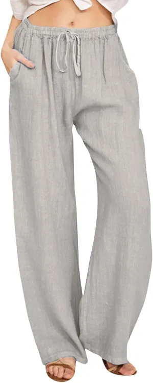 PTOLOCIF Cotton Linen Pants Women,Casual Linen High Waist Pants Wide Leg Palazzo Pants Drawstring Loose Fit Summer Pants