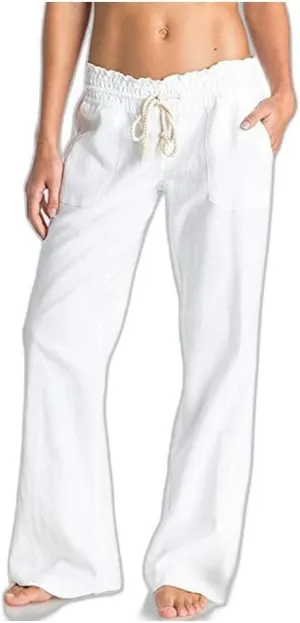 Pure Color Pants for Women Linen Drawstring Comfy Soft Trousers, Summer Wide Leg Beach Workout Slim Fit Flared Pants
