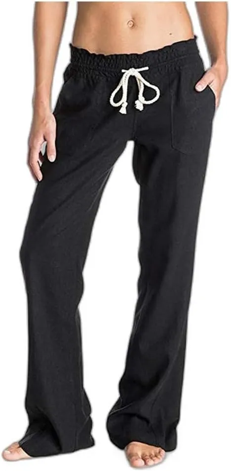 Pure Color Pants for Women Linen Drawstring Comfy Soft Trousers, Summer Wide Leg Beach Workout Slim Fit Flared Pants