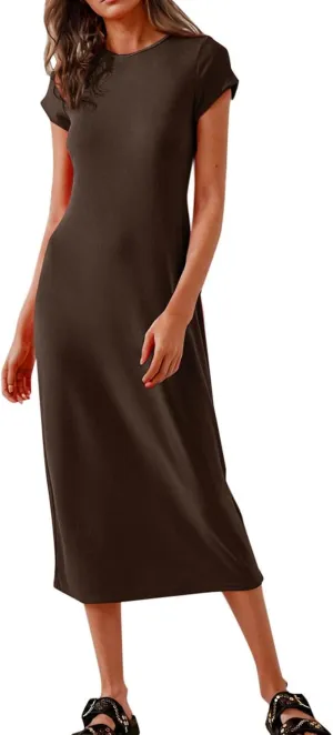 QIGUAND Women Soft Comfy Fitted Midi Dress Summer Short Sleeve Crewneck T Shirt Dresses Casual Basic Loungewear Nightdress