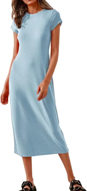 QIGUAND Women Soft Comfy Fitted Midi Dress Summer Short Sleeve Crewneck T Shirt Dresses Casual Basic Loungewear Nightdress