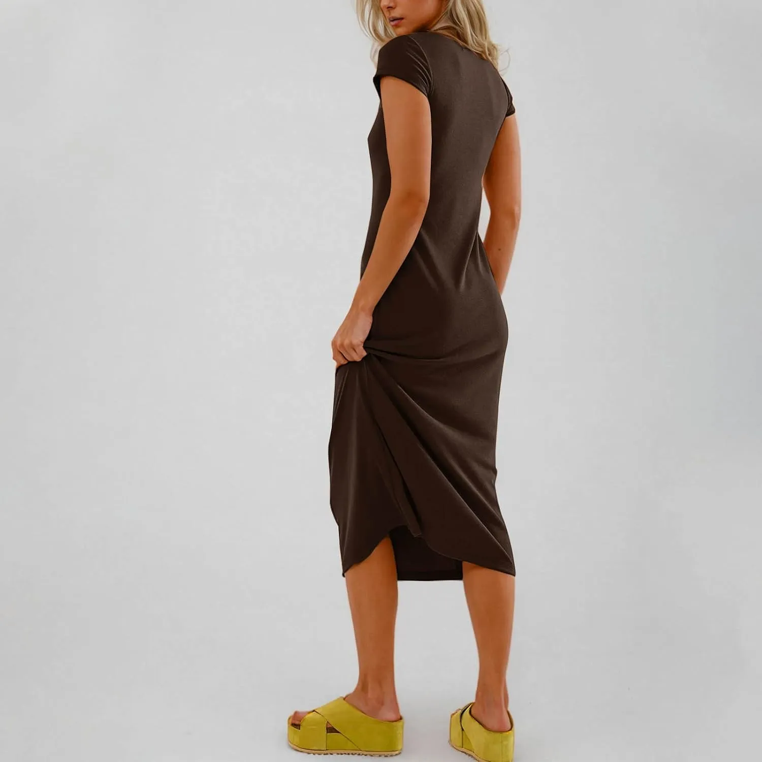 QIGUAND Women Soft Comfy Fitted Midi Dress Summer Short Sleeve Crewneck T Shirt Dresses Casual Basic Loungewear Nightdress