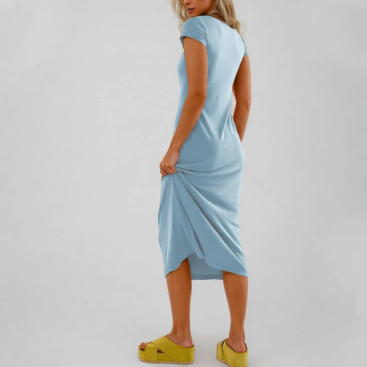 QIGUAND Women Soft Comfy Fitted Midi Dress Summer Short Sleeve Crewneck T Shirt Dresses Casual Basic Loungewear Nightdress