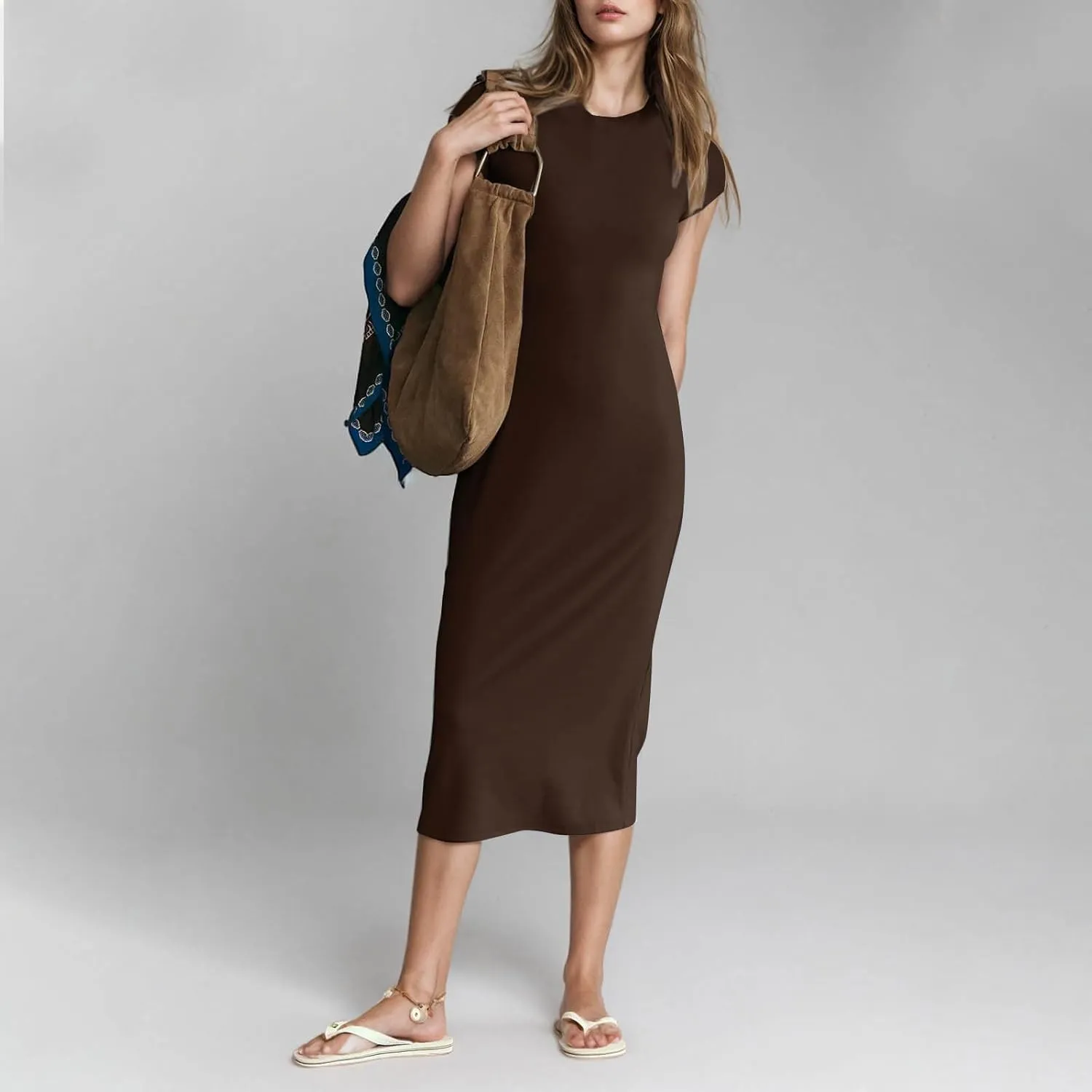 QIGUAND Women Soft Comfy Fitted Midi Dress Summer Short Sleeve Crewneck T Shirt Dresses Casual Basic Loungewear Nightdress