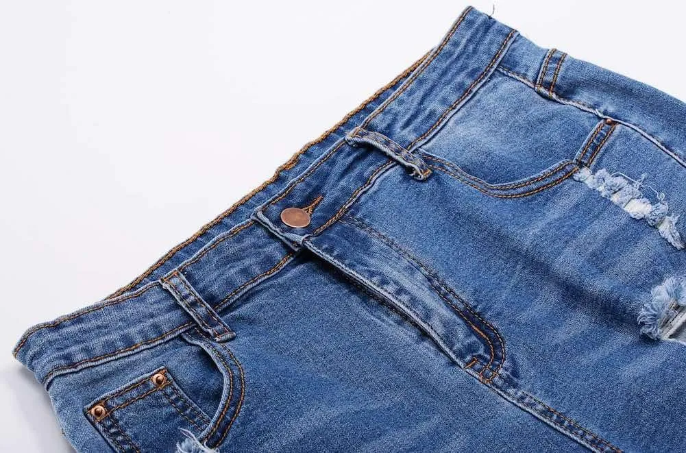 roswear Women's Ripped Denim Destroyed Mid Rise Stretchy Bermuda Shorts Jeans