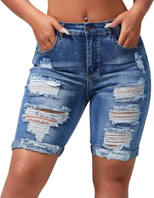 roswear Women's Ripped Denim Destroyed Mid Rise Stretchy Bermuda Shorts Jeans