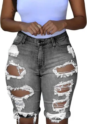 roswear Women's Ripped Denim Destroyed Mid Rise Stretchy Bermuda Shorts Jeans