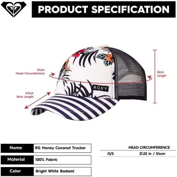 Roxy Girls' Honey Coconut Trucker Hat - Breathable Mesh Snapback, Curved Visor