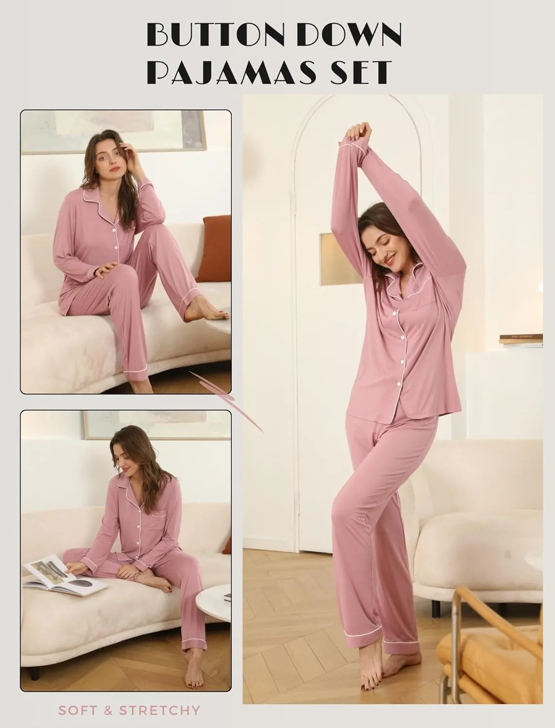 Samring Pajamas Women's Long Sleeve Sleepwear Button Down Pj Sets Soft Loungewear Pajama Set for Women S-XXL