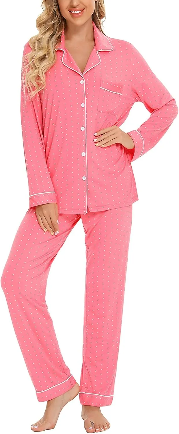 Samring Pajamas Women's Long Sleeve Sleepwear Button Down Pj Sets Soft Loungewear Pajama Set for Women S-XXL