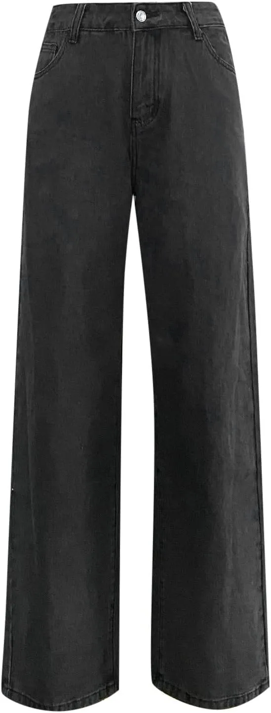 sdbrld Jeans for Women Baggy Mid Rise Barrel Jeans Wide Leg Mid Waist Cropped Denim Pants Y2k Boyfriend Jeans with Pockets