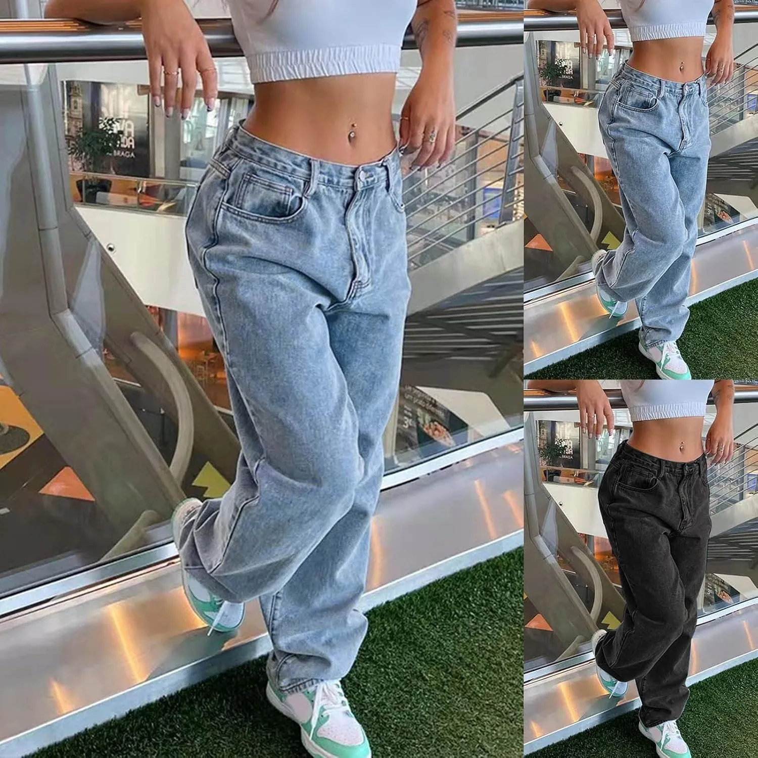 sdbrld Jeans for Women Baggy Mid Rise Barrel Jeans Wide Leg Mid Waist Cropped Denim Pants Y2k Boyfriend Jeans with Pockets