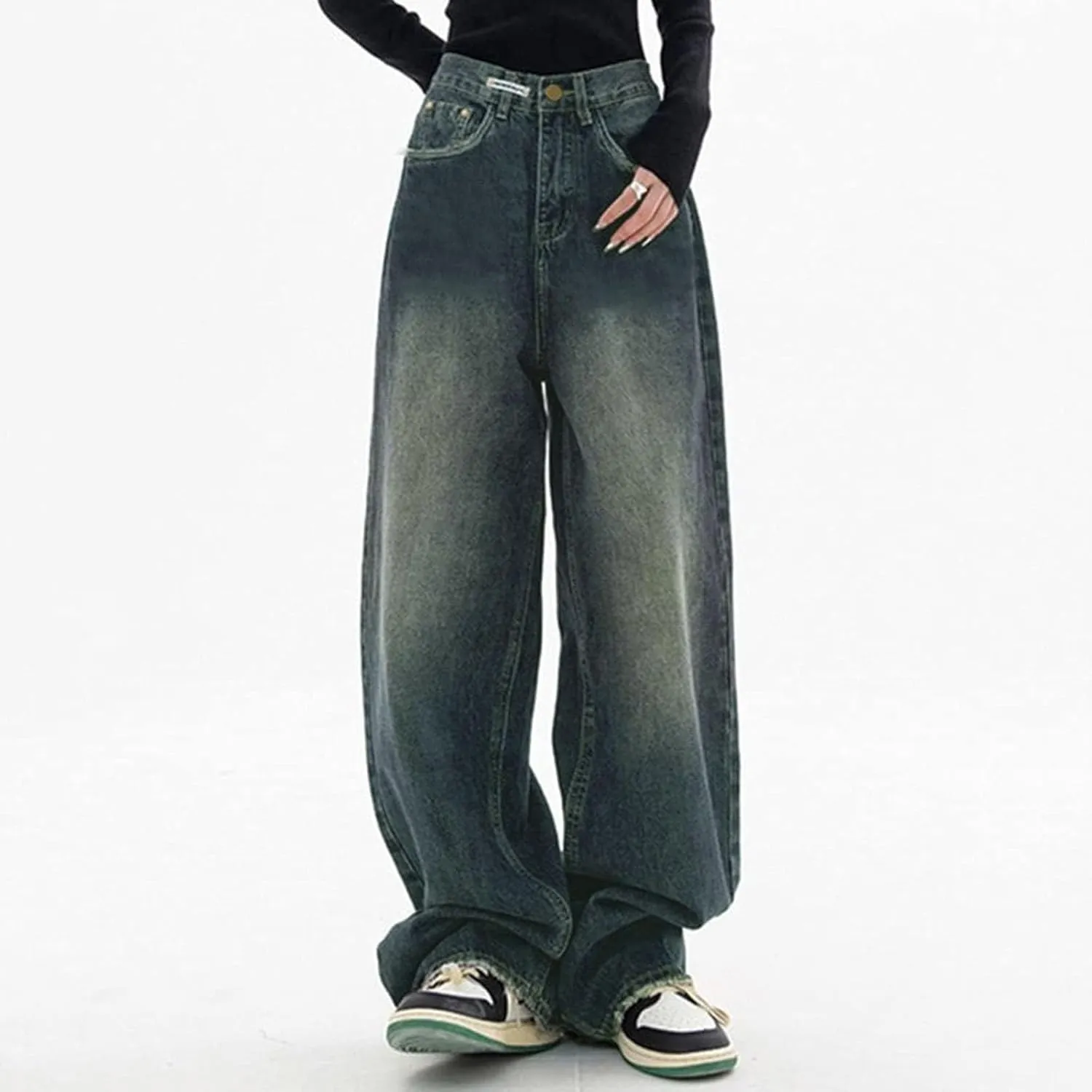 sdbrld Jeans for Women Baggy Mid Rise Barrel Jeans Wide Leg Mid Waist Cropped Denim Pants Y2k Boyfriend Jeans with Pockets