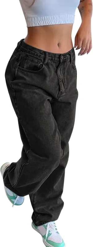 sdbrld Jeans for Women Baggy Mid Rise Barrel Jeans Wide Leg Mid Waist Cropped Denim Pants Y2k Boyfriend Jeans with Pockets