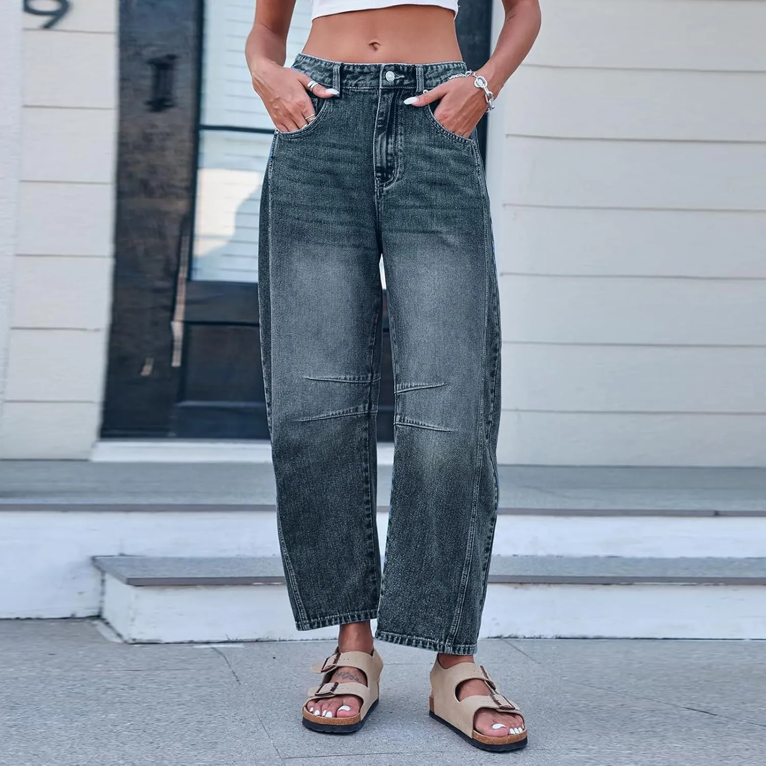 sdbrld Jeans for Women Baggy,Womens Mid Rise Jeans Wide Leg Loose Boyfriend Denim Harem Cropped Pant Vintage Barrel Jeans Y2k