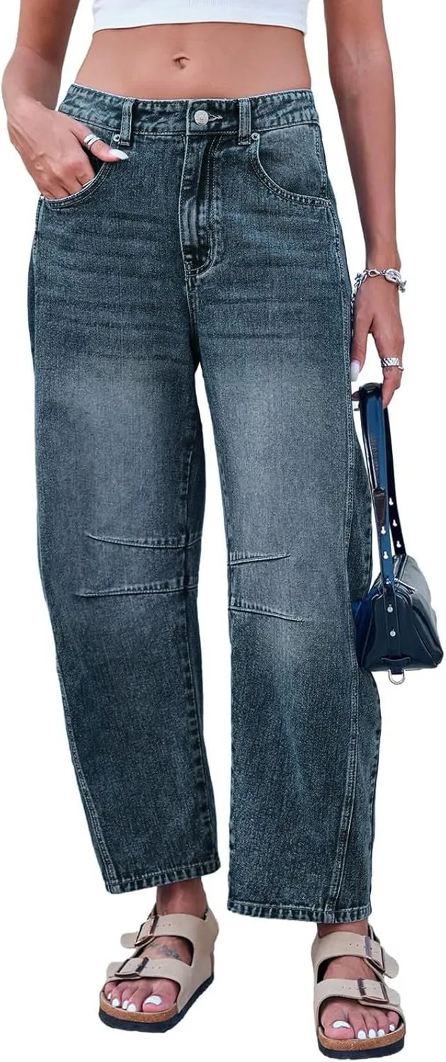 sdbrld Jeans for Women Baggy,Womens Mid Rise Jeans Wide Leg Loose Boyfriend Denim Harem Cropped Pant Vintage Barrel Jeans Y2k