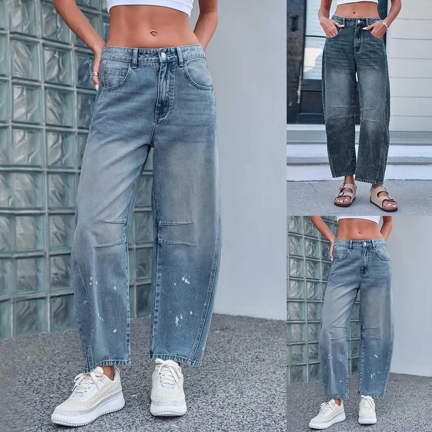 sdbrld Jeans for Women Baggy,Womens Mid Rise Jeans Wide Leg Loose Boyfriend Denim Harem Cropped Pant Vintage Barrel Jeans Y2k