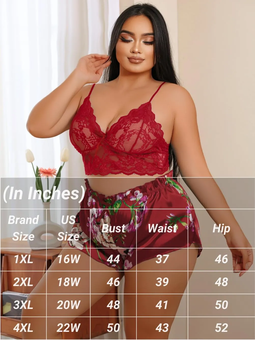 Sheer Lace Lingerie Sets, Sexy Floral Print Pajama, Fit 1XL-4XL, Mesh Satin Plus Size Sleepwear For Curvy Women