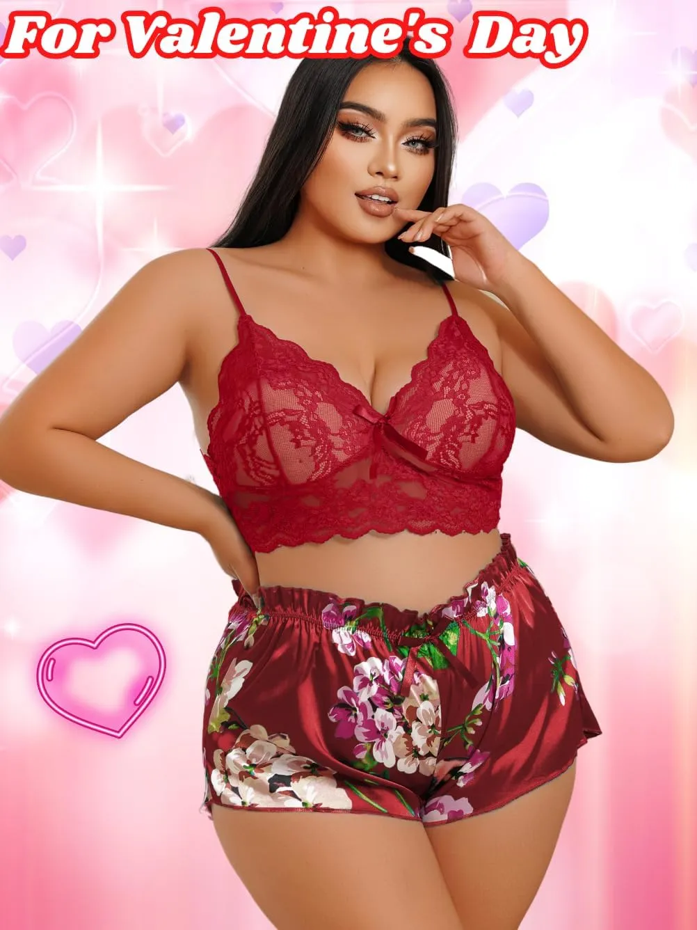 Sheer Lace Lingerie Sets, Sexy Floral Print Pajama, Fit 1XL-4XL, Mesh Satin Plus Size Sleepwear For Curvy Women