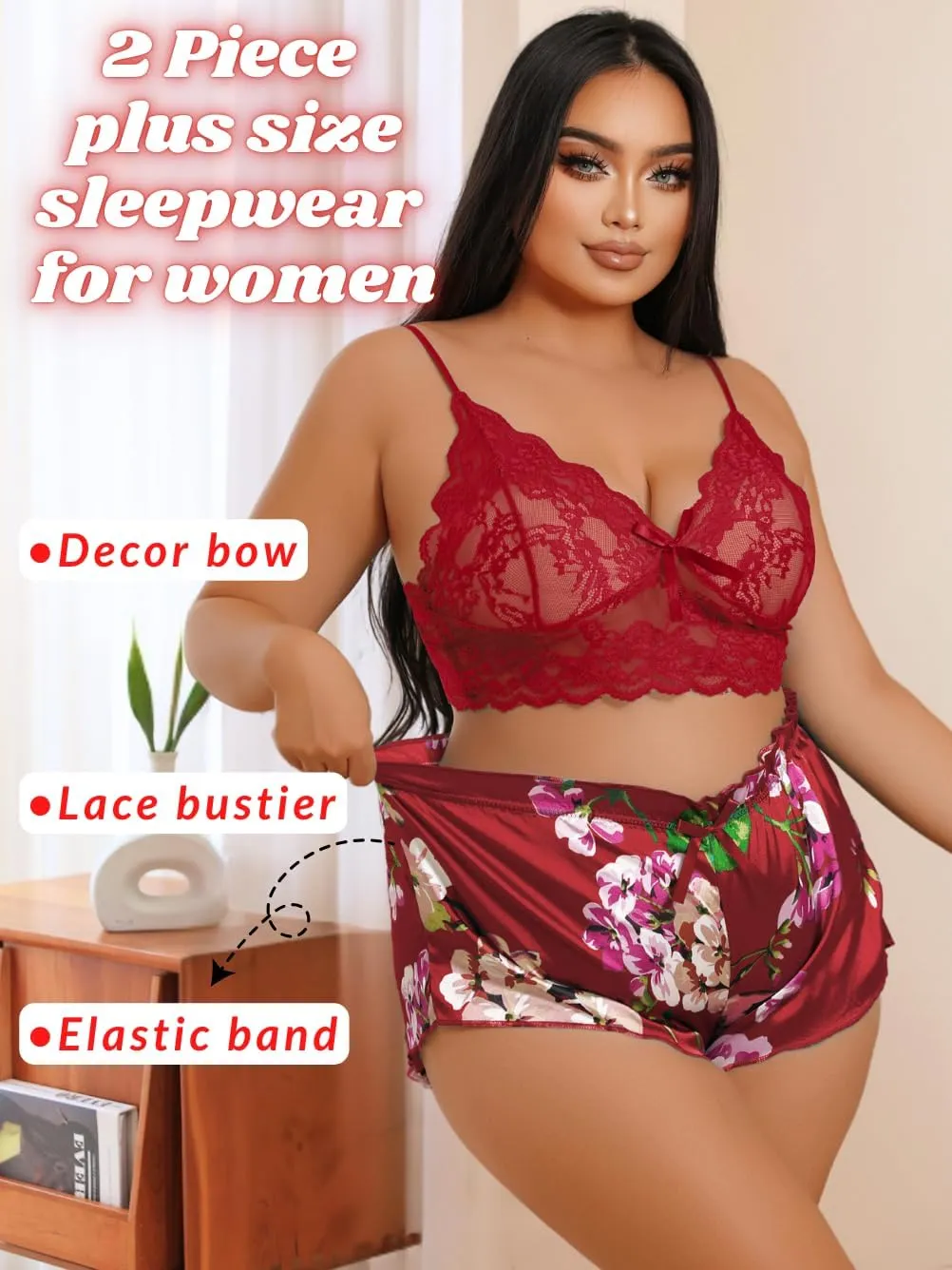 Sheer Lace Lingerie Sets, Sexy Floral Print Pajama, Fit 1XL-4XL, Mesh Satin Plus Size Sleepwear For Curvy Women