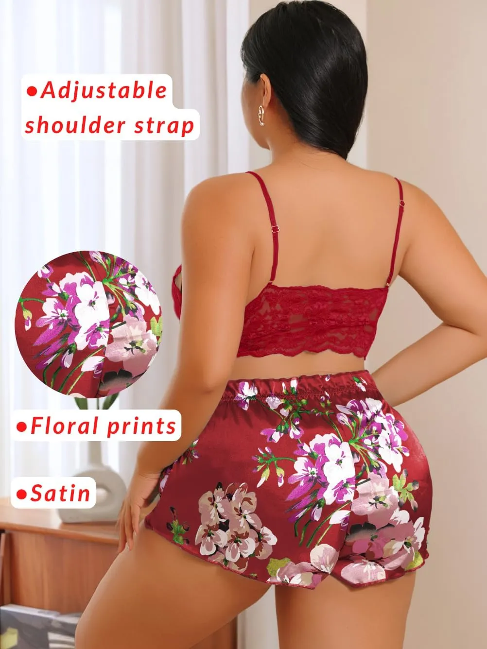 Sheer Lace Lingerie Sets, Sexy Floral Print Pajama, Fit 1XL-4XL, Mesh Satin Plus Size Sleepwear For Curvy Women