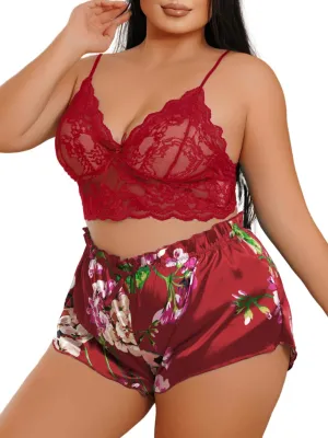 Sheer Lace Lingerie Sets, Sexy Floral Print Pajama, Fit 1XL-4XL, Mesh Satin Plus Size Sleepwear For Curvy Women
