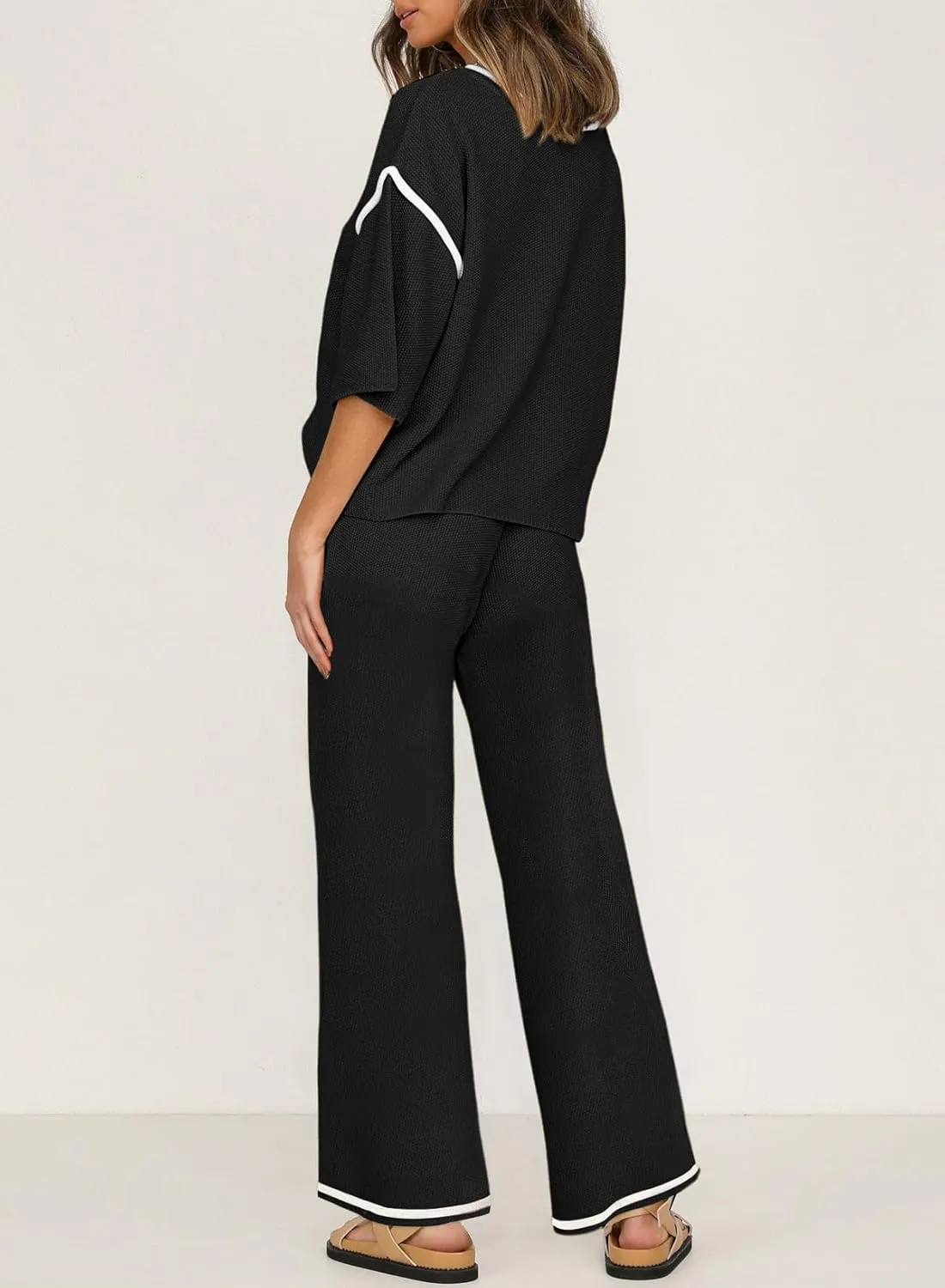 SHEWIN Womens Two Piece Outfits Casual Short Sleeve Knit Sweater Tops Matching Wide Leg Pants Tracksuit Lounge Sets