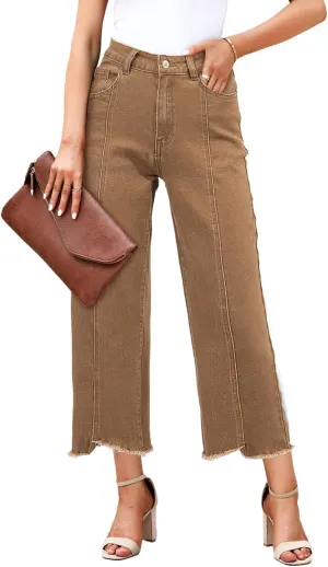Sidefeel Women's Jeans High Waisted Wide Leg Loose Fit Straight Leg Zimbaplatinum Cropped Denim Pants