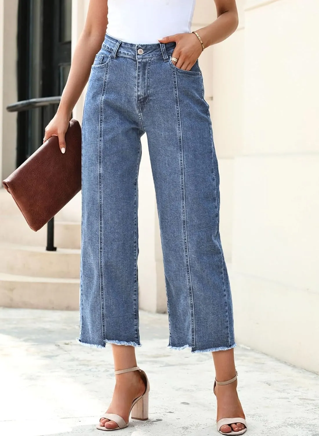 Sidefeel Women's Jeans High Waisted Wide Leg Loose Fit Straight Leg Zimbaplatinum Cropped Denim Pants