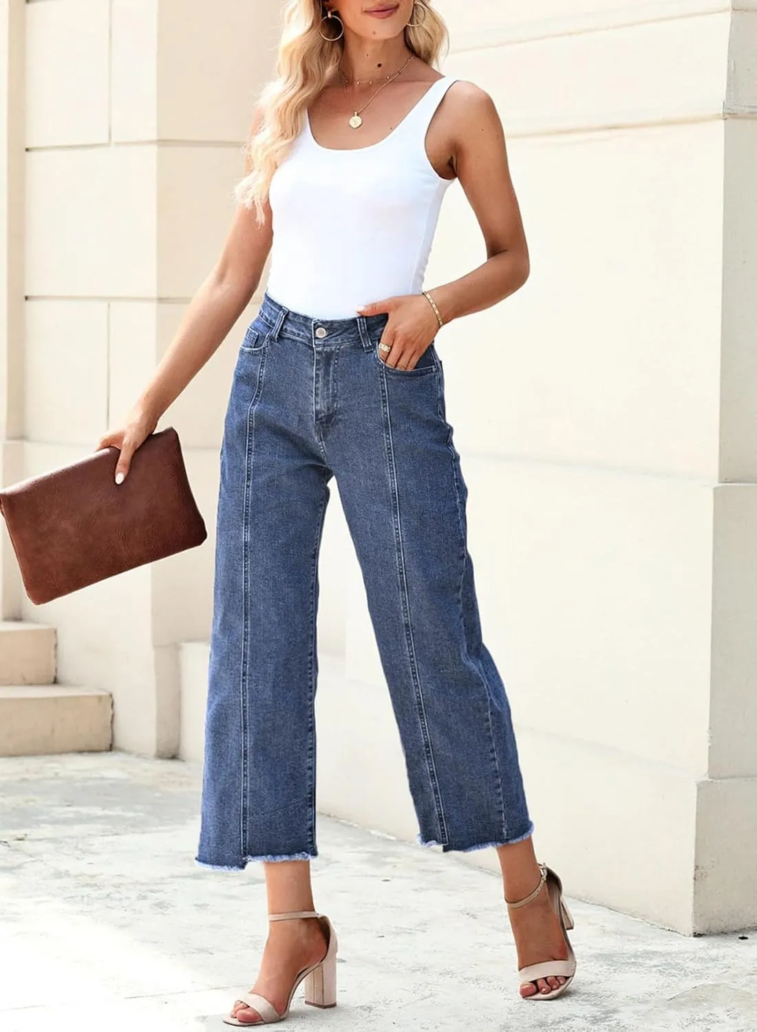 Sidefeel Women's Jeans High Waisted Wide Leg Loose Fit Straight Leg Zimbaplatinum Cropped Denim Pants