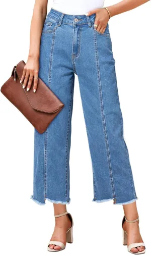 Sidefeel Women's Jeans High Waisted Wide Leg Loose Fit Straight Leg Zimbaplatinum Cropped Denim Pants