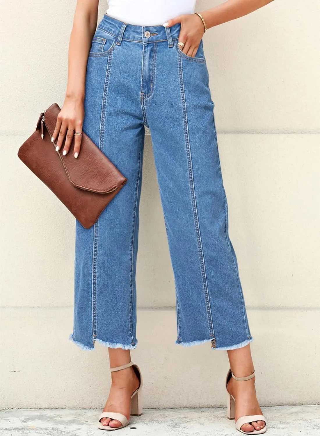 Sidefeel Women's Jeans High Waisted Wide Leg Loose Fit Straight Leg Zimbaplatinum Cropped Denim Pants