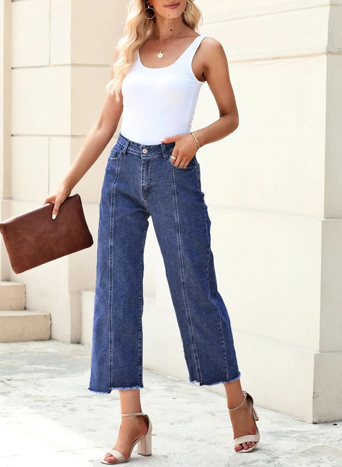 Sidefeel Women's Jeans High Waisted Wide Leg Loose Fit Straight Leg Zimbaplatinum Cropped Denim Pants