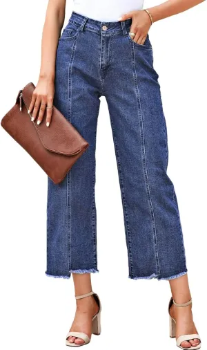 Sidefeel Women's Jeans High Waisted Wide Leg Loose Fit Straight Leg Zimbaplatinum Cropped Denim Pants