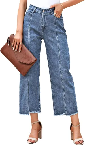 Sidefeel Women's Jeans High Waisted Wide Leg Loose Fit Straight Leg Zimbaplatinum Cropped Denim Pants