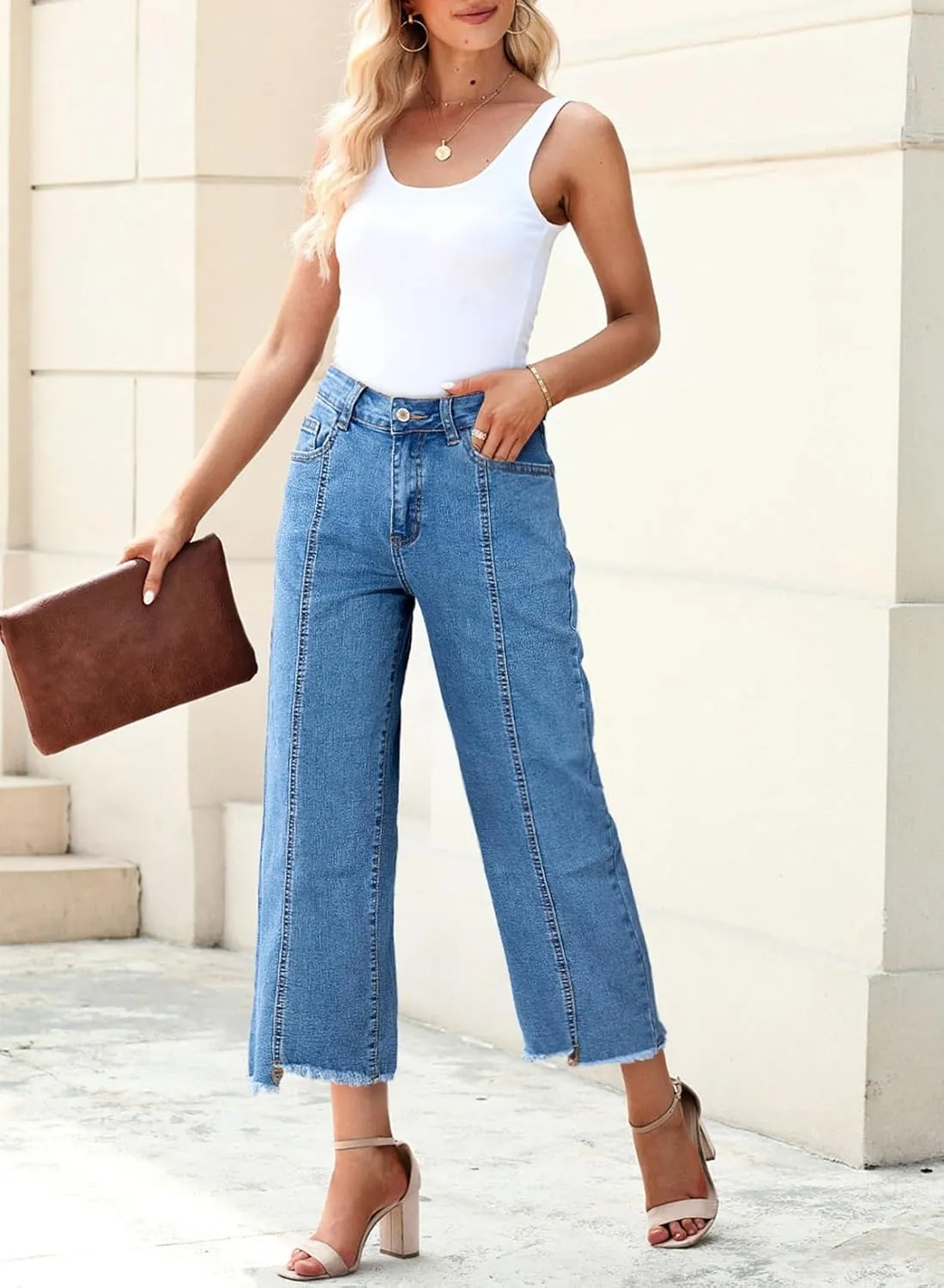 Sidefeel Women's Jeans High Waisted Wide Leg Loose Fit Straight Leg Zimbaplatinum Cropped Denim Pants