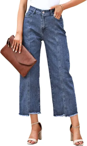 Sidefeel Women's Jeans High Waisted Wide Leg Loose Fit Straight Leg Zimbaplatinum Cropped Denim Pants