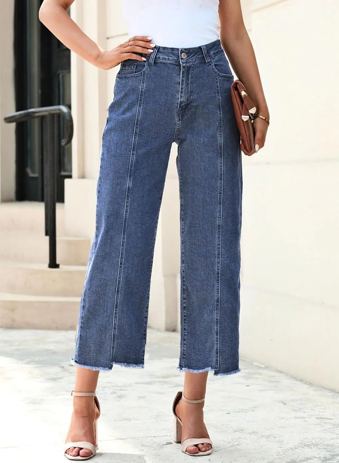 Sidefeel Women's Jeans High Waisted Wide Leg Loose Fit Straight Leg Zimbaplatinum Cropped Denim Pants