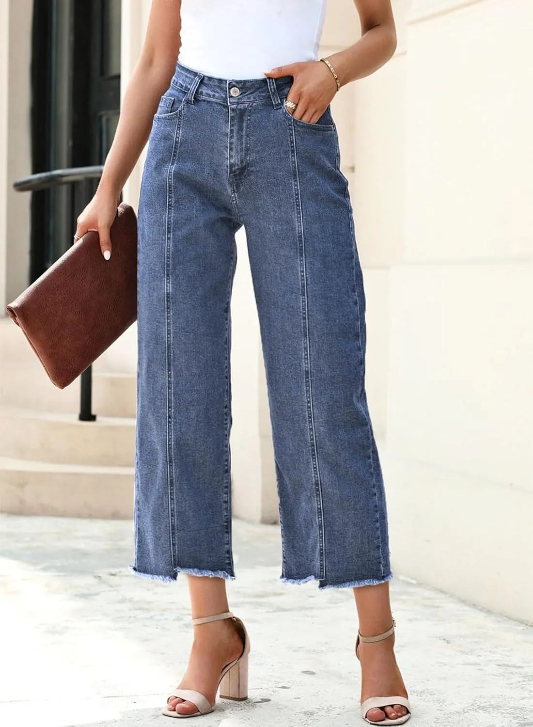 Sidefeel Women's Jeans High Waisted Wide Leg Loose Fit Straight Leg Zimbaplatinum Cropped Denim Pants