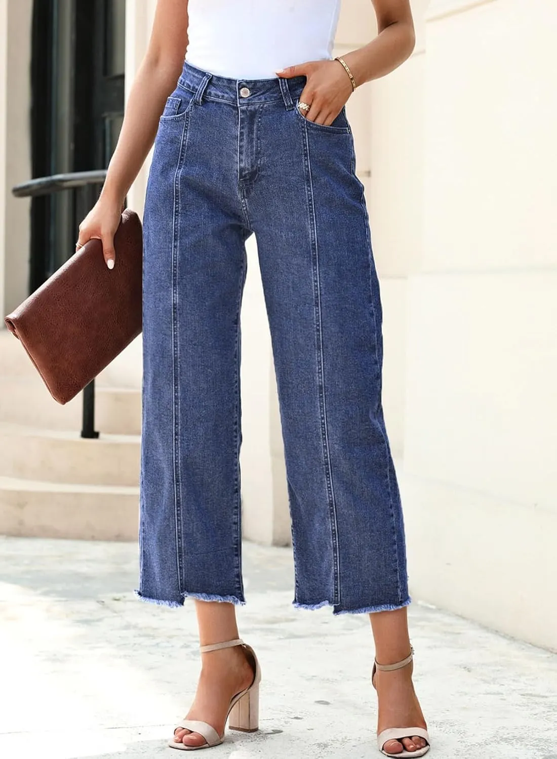 Sidefeel Women's Jeans High Waisted Wide Leg Loose Fit Straight Leg Zimbaplatinum Cropped Denim Pants