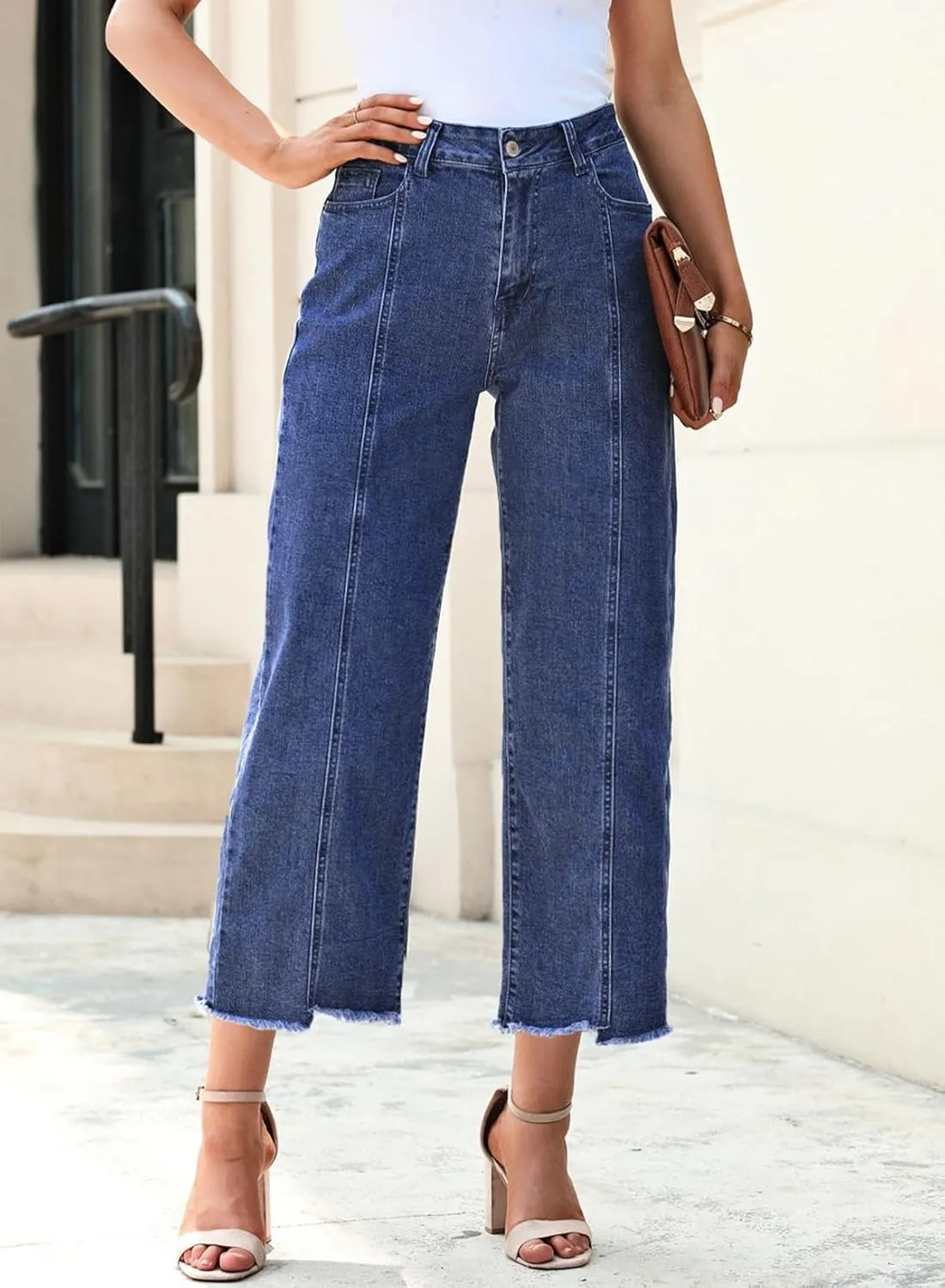 Sidefeel Women's Jeans High Waisted Wide Leg Loose Fit Straight Leg Zimbaplatinum Cropped Denim Pants